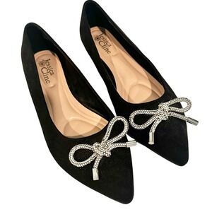 Jessica Cline Taytum‎ Flats Rhinestone Bow Women's 7W Black Faux Suede Preppy